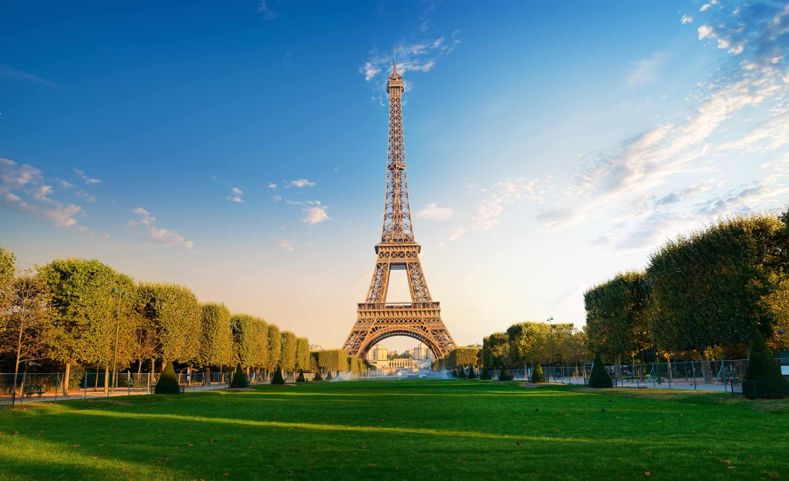 Parisian Eiffel Tower and Champs de Mars in the morning, France